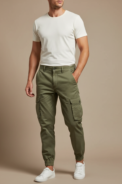 Pantalon Cargo Homme Vert Olive Coton Jogger Multi-Poches - Kaki