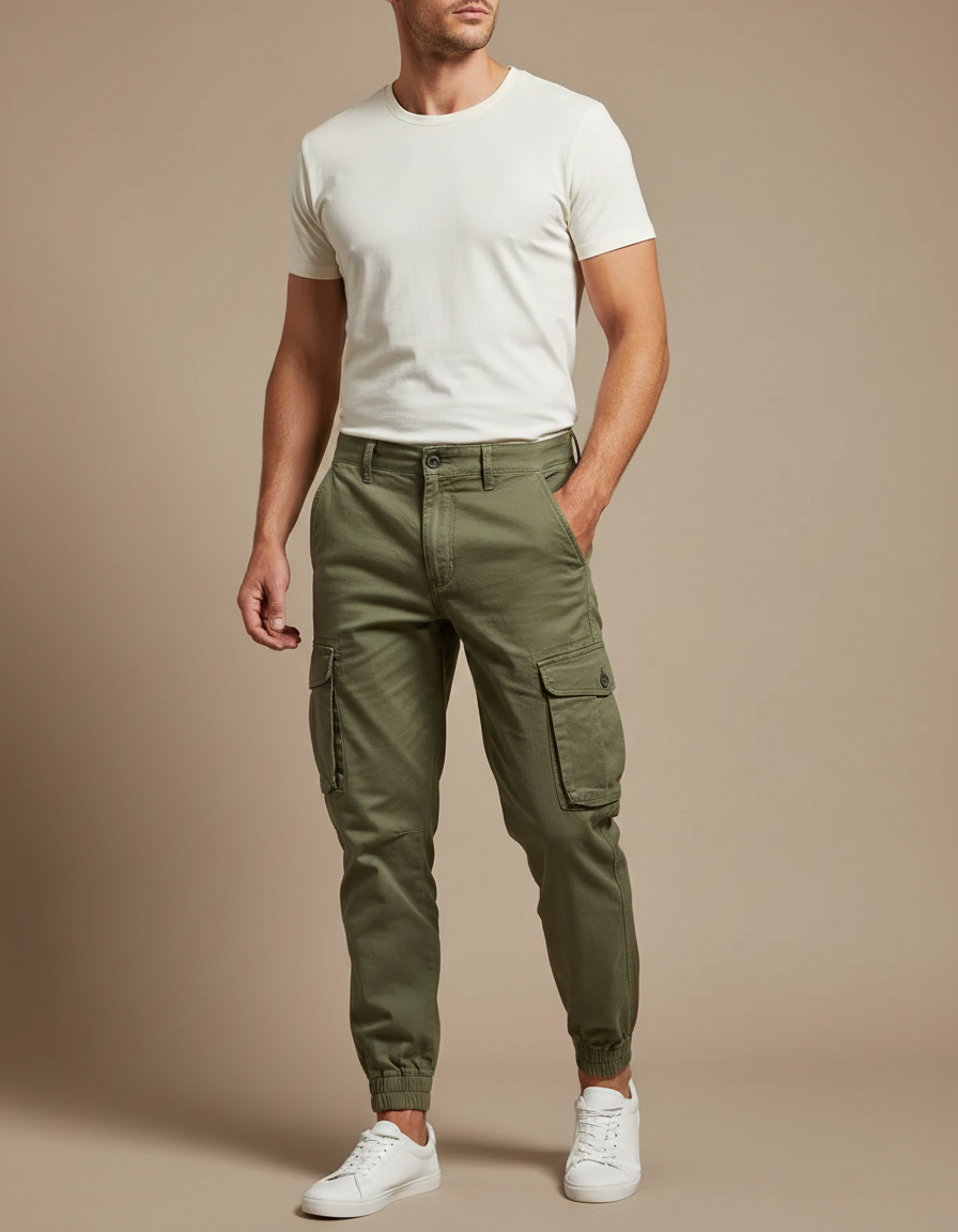 Pantalon Cargo Homme Vert Olive Coton Jogger Multi-Poches - Kaki