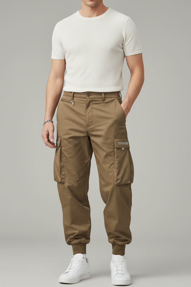 Pantalon Cargo Marron Ample Multipoches Léger Homme - Kaki Polyester