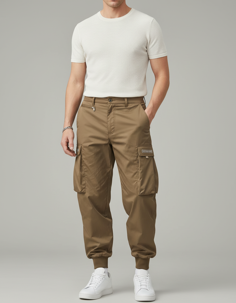 Pantalon Cargo Marron Ample Multipoches Léger Homme - Kaki Polyester