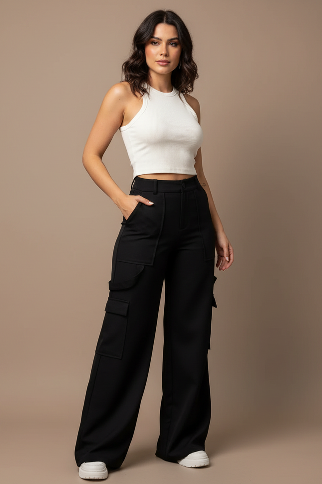 Pantalon Cargo Noir Ample Taille Haute Poches Femme - Gabardine