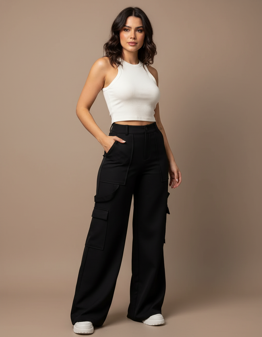 Pantalon Cargo Noir Ample Taille Haute Poches Femme - Gabardine