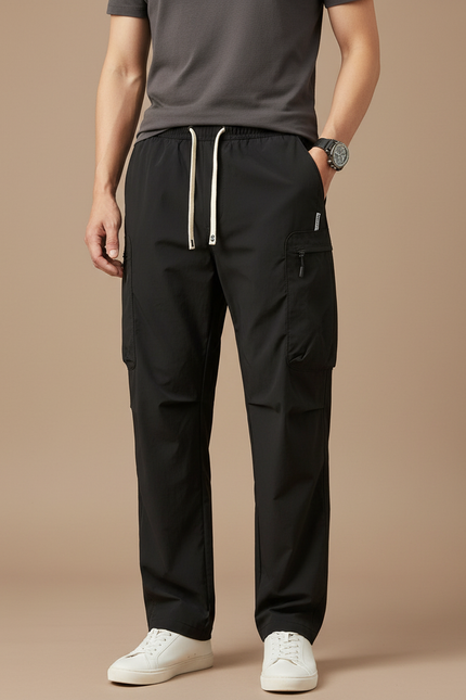 Pantalon Cargo Noir Ample Décontracté Multipoches Sportif - Polyester