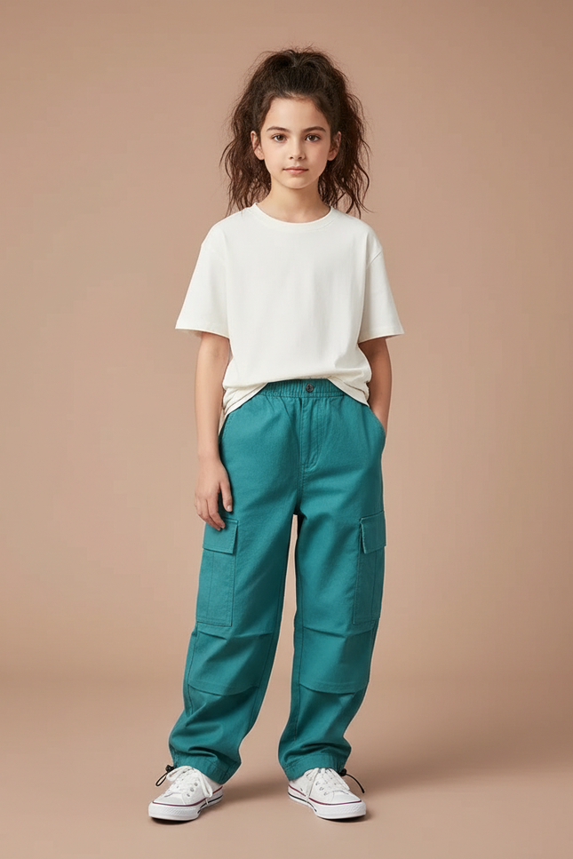 Pantalon Cargo Vert Ample Multipoches Enfant Coton - Toile