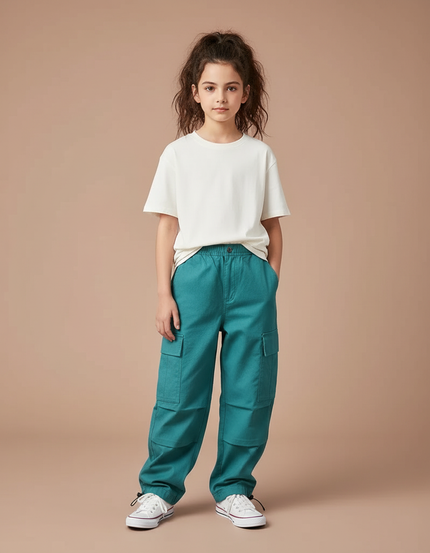 Pantalon Cargo Vert Ample Multipoches Enfant Coton - Toile