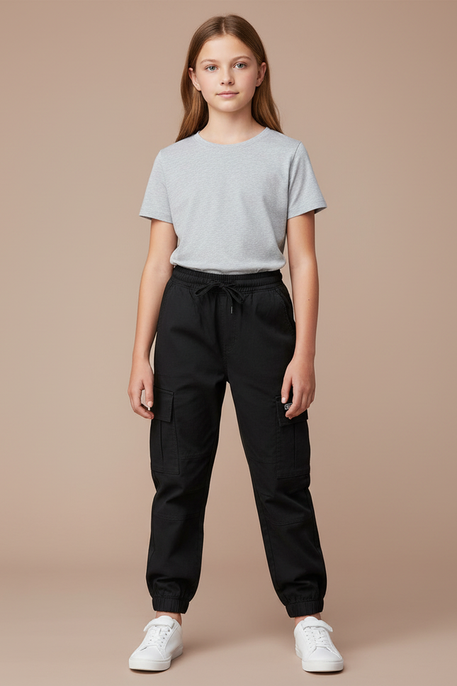 Pantalon Cargo Noir Coton Ample Enfant Multipoches
