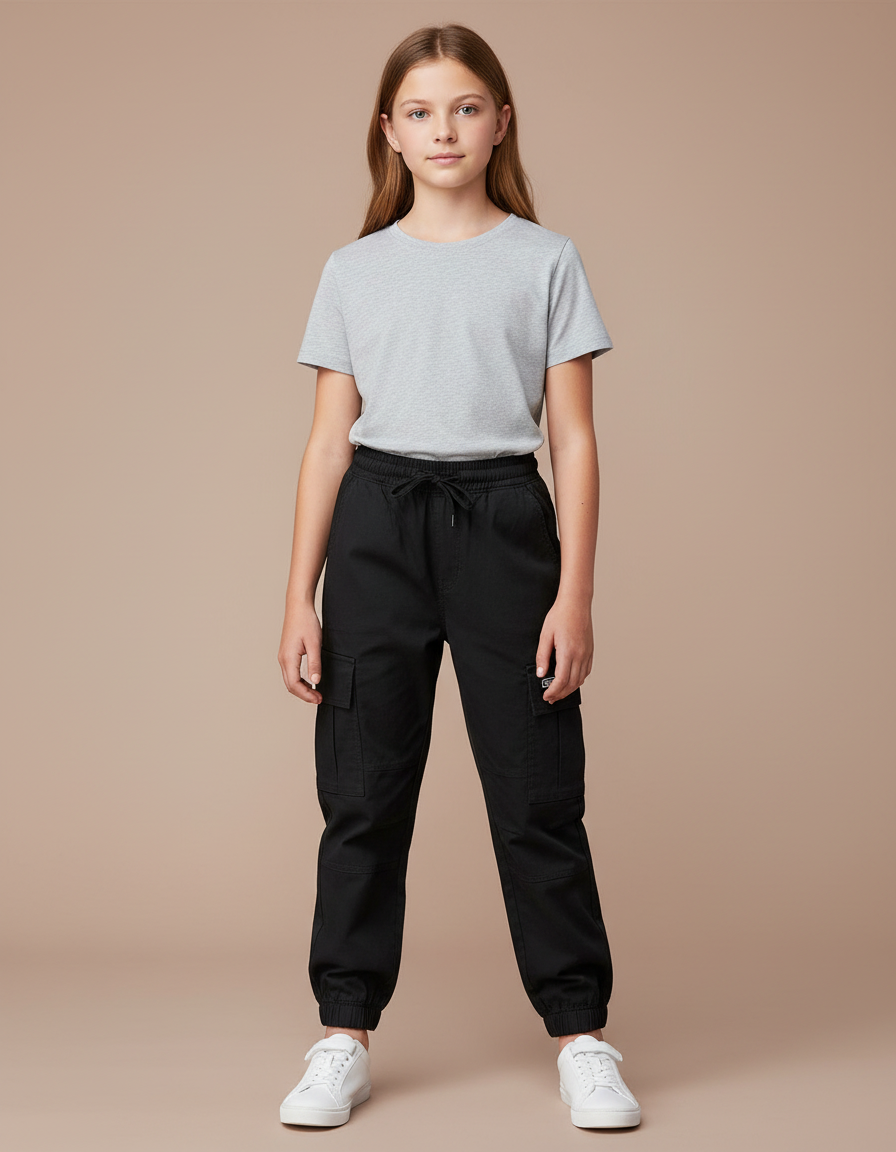 Pantalon Cargo Noir Coton Ample Enfant Multipoches