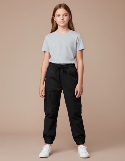 Pantalon Cargo Noir Coton Ample Enfant Multipoches