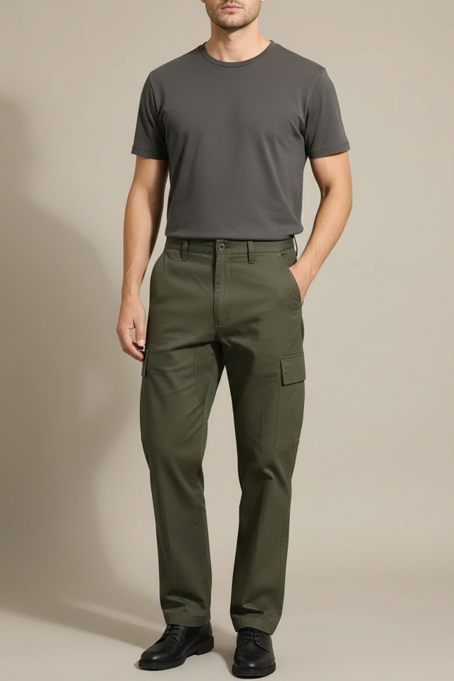 Pantalon Cargo Homme Vert Militaire Coton Ample - Kaki Gabardine