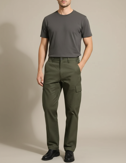 Pantalon Cargo Homme Vert Militaire Coton Ample - Kaki Gabardine