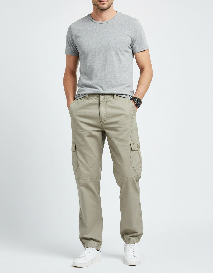 Pantalon Cargo Homme Kaki Coton Ample Poches - Toile
