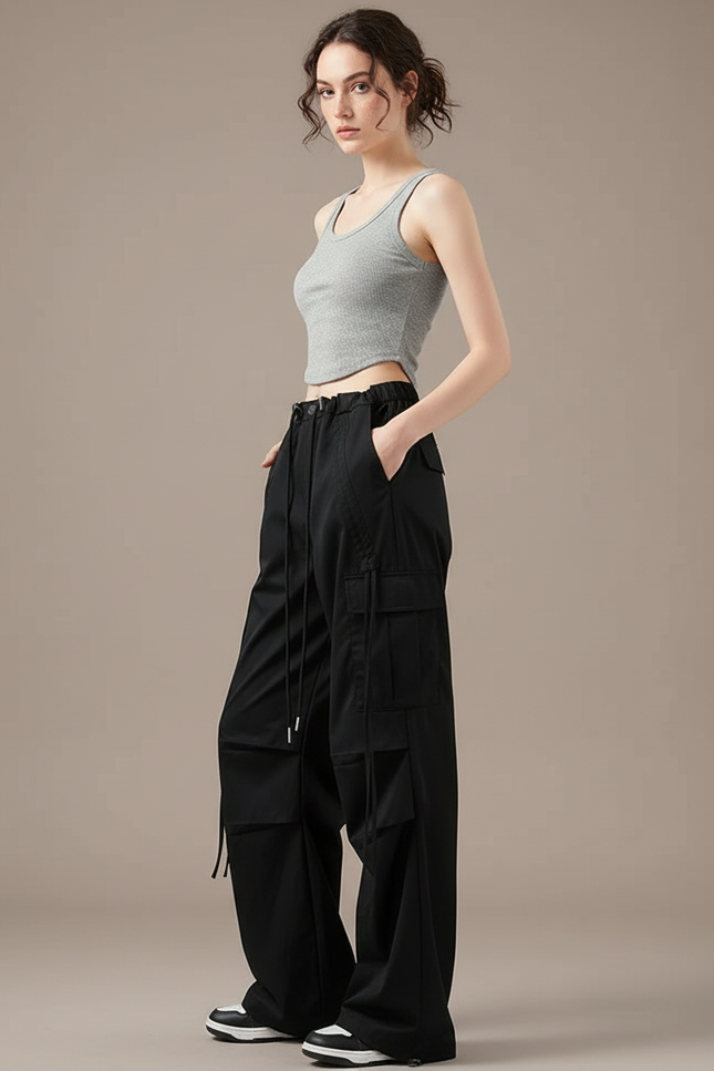 Pantalon Cargo Noir Ample Taille Haute Décontracté - Toile
