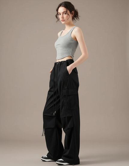 Pantalon Cargo Noir Ample Taille Haute Décontracté - Toile