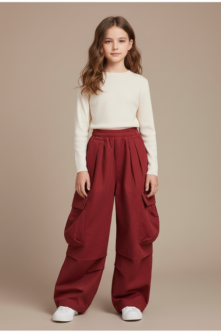 Pantalon Cargo Bordeaux Ample Multipoches Fille - Toile