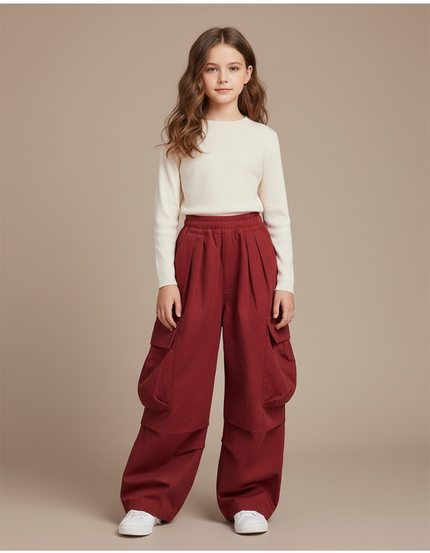Pantalon Cargo Bordeaux Ample Multipoches Fille - Toile