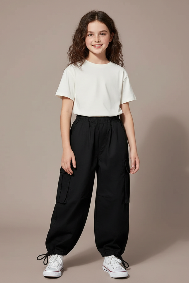 Pantalon Cargo Noir Ample Poches Fille Coton
