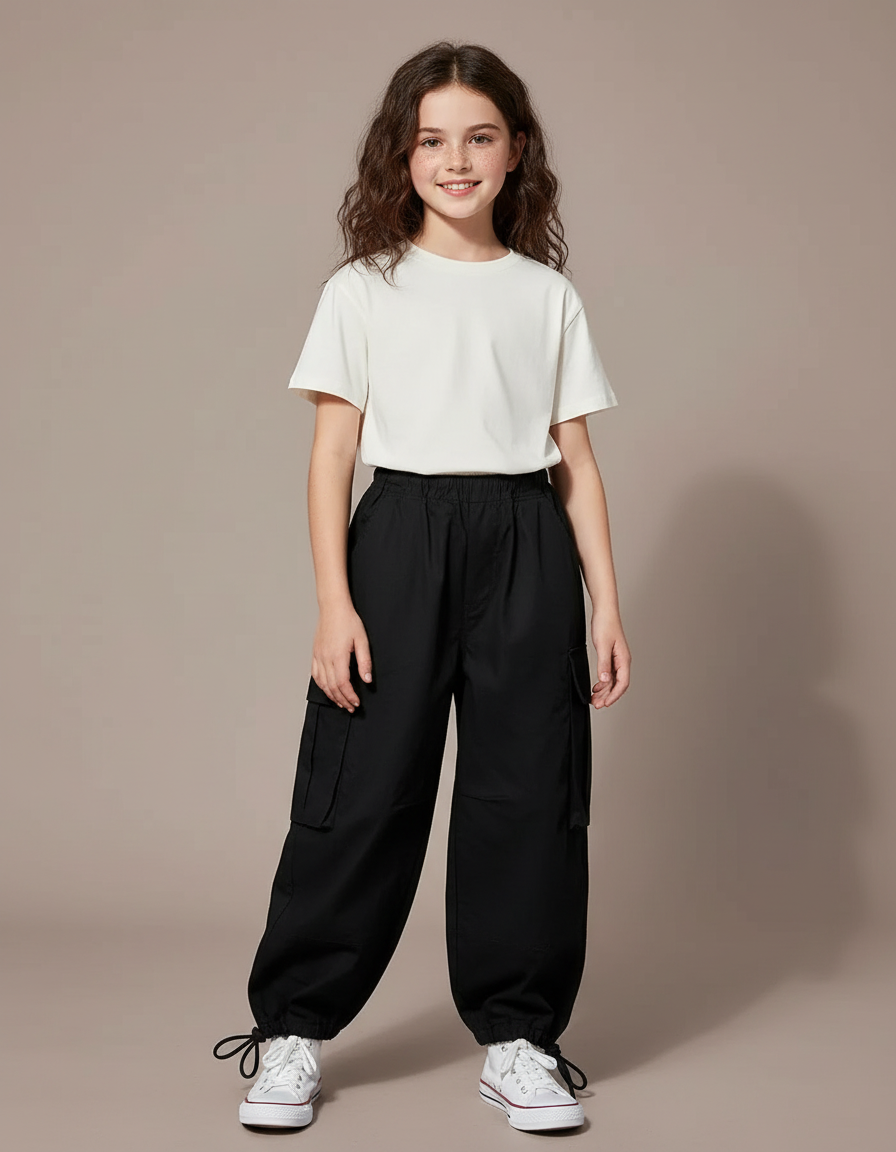 Pantalon Cargo Noir Ample Poches Fille Coton