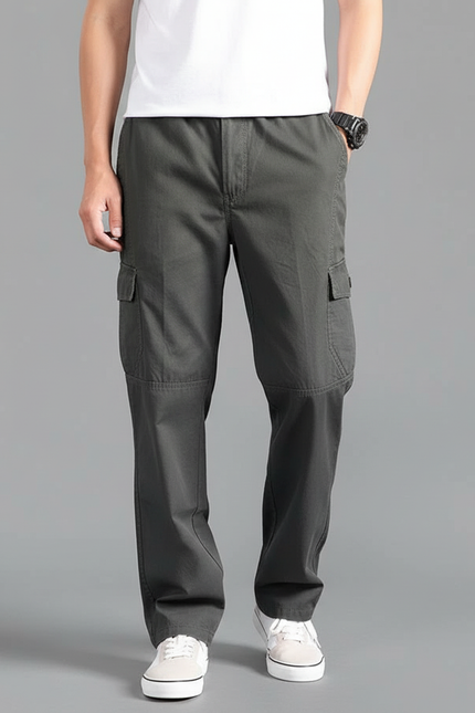 Pantalon Cargo Gris Ample Coton Multipoches Homme - Toile