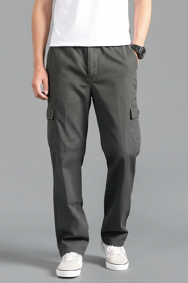 Pantalon Cargo Gris Ample Coton Multipoches Homme - Toile
