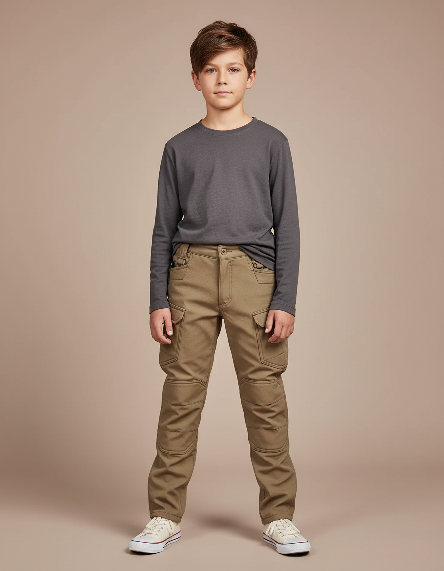 Pantalon Cargo Kaki Enfant Décontracté Multi-Poches - Coton
