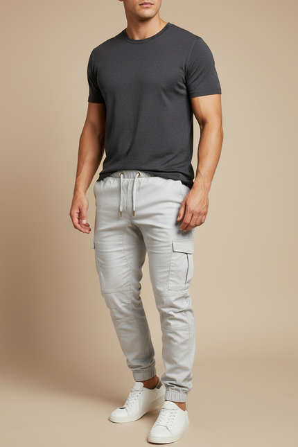 Pantalon Cargo Gris Clair Coton Slim Décontracté