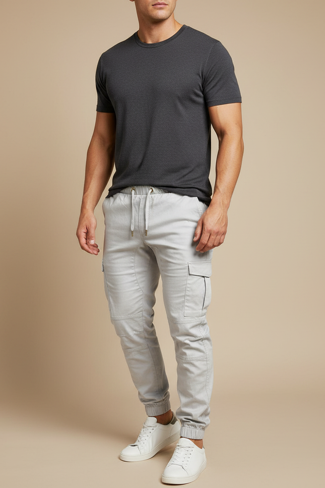 Pantalon Cargo Gris Clair Coton Slim Décontracté