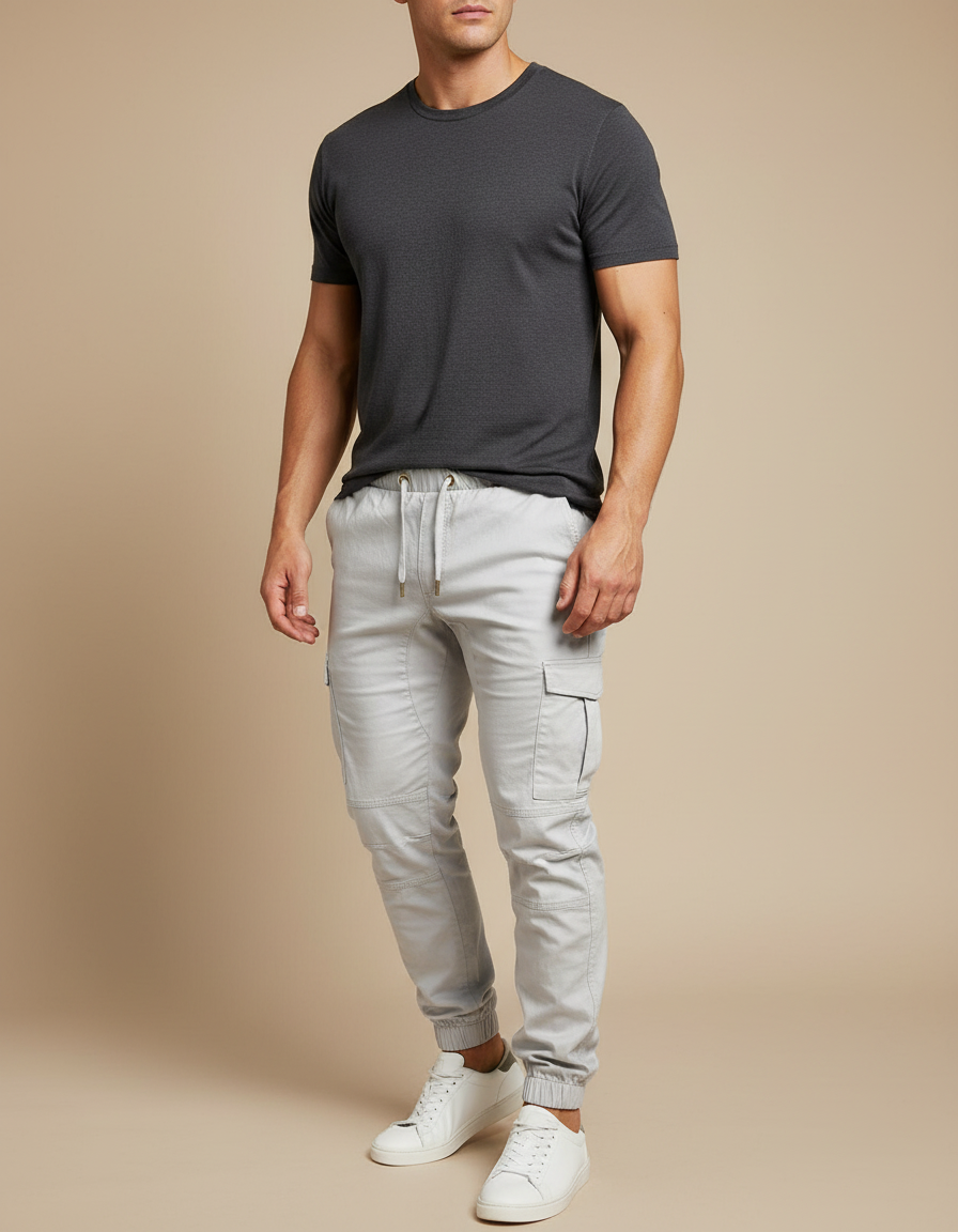 Pantalon Cargo Gris Clair Coton Slim Décontracté