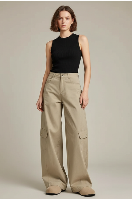 Pantalon Cargo Beige Ample Coton Multipoches