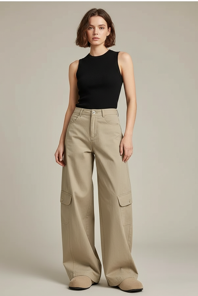 Pantalon Cargo Beige Ample Coton Multipoches