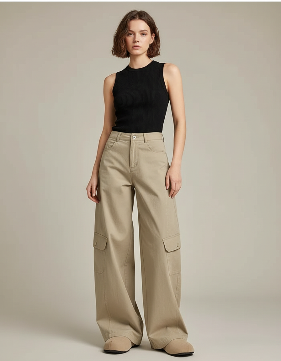 Pantalon Cargo Beige Ample Coton Multipoches