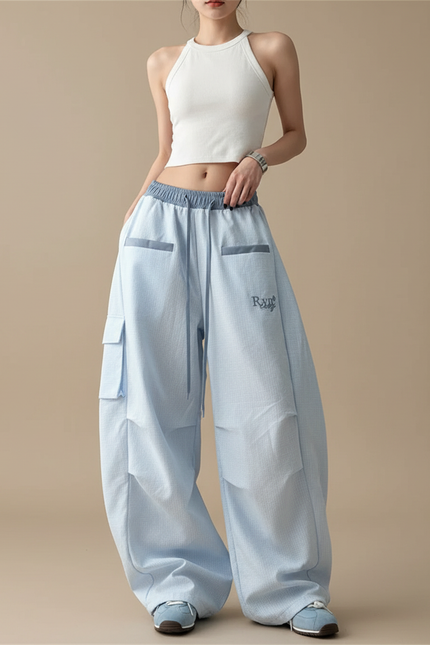 Pantalon Cargo Bleu Ciel Ample Streetwear Multipoches Femme - Toile