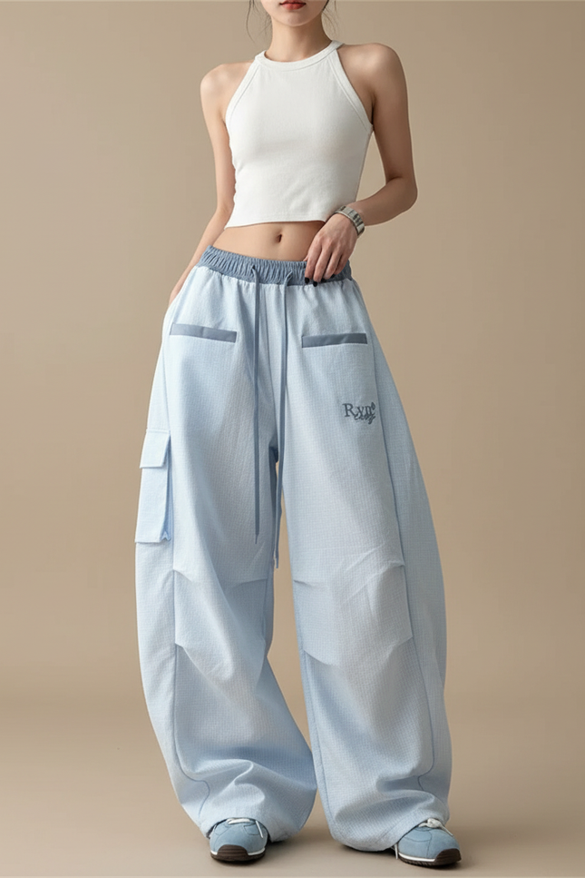 Pantalon Cargo Bleu Ciel Ample Streetwear Multipoches Femme - Toile