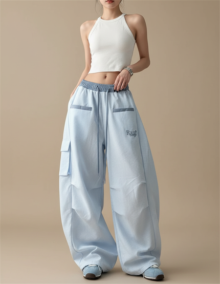 Pantalon Cargo Bleu Ciel Ample Streetwear Multipoches Femme - Toile