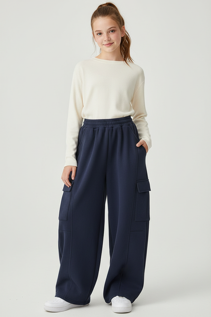 Pantalon Cargo Bleu Marine Ample Molletonné Femme