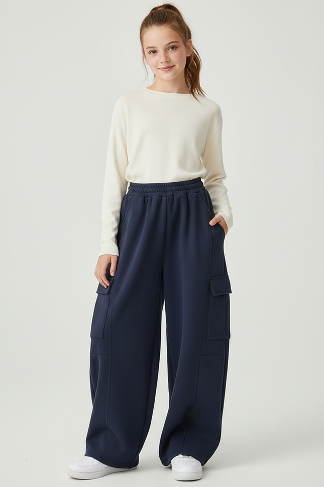 Pantalon Cargo Bleu Marine Ample Molletonné Femme
