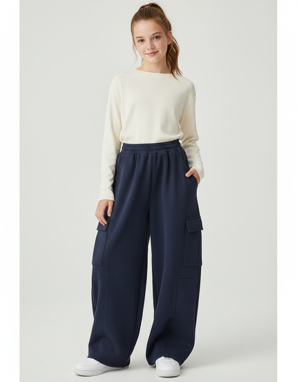 Pantalon Cargo Bleu Marine Ample Molletonné Femme
