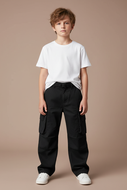 Pantalon Cargo Noir Ample Multipoches Enfant Garçon - Gabardine