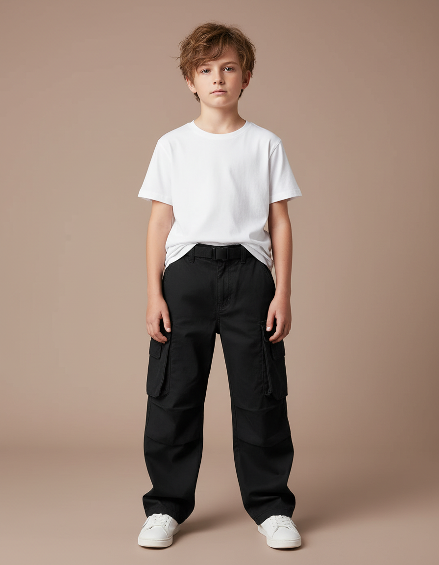 Pantalon Cargo Noir Ample Multipoches Enfant Garçon - Gabardine