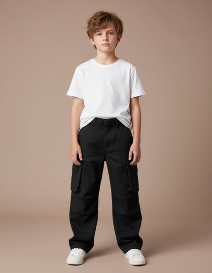 Pantalon Cargo Noir Ample Multipoches Enfant Garçon - Gabardine