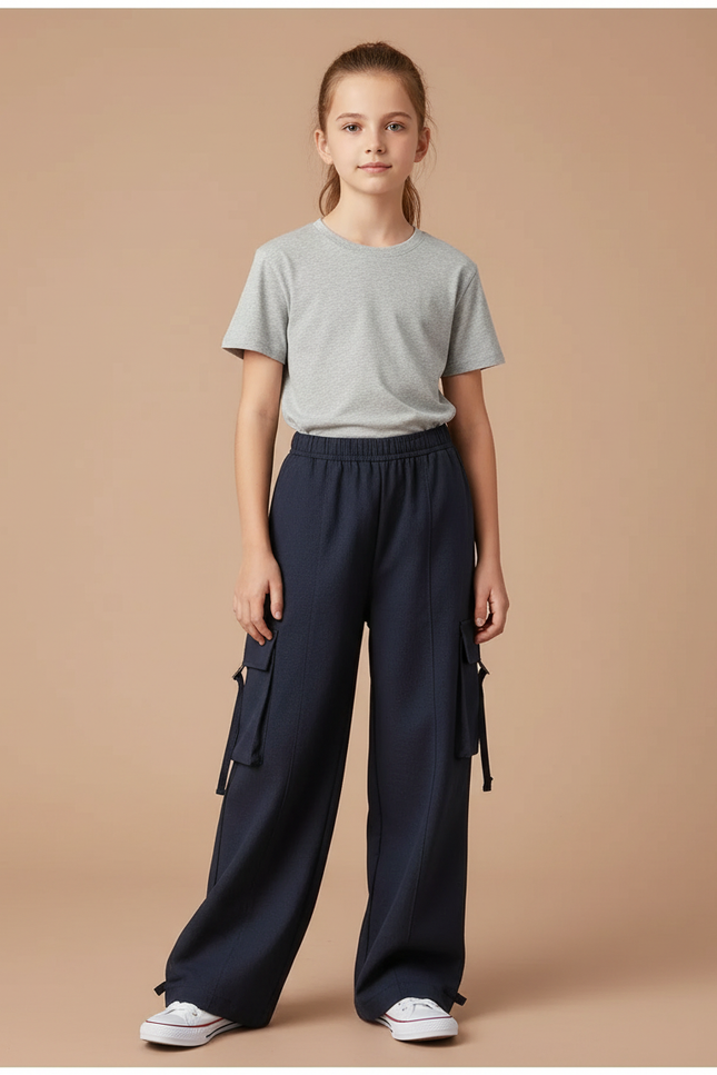 Pantalon Cargo Bleu Marine Ample Poches Fille - Molleton