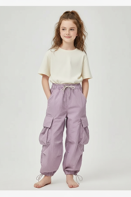 Pantalon Cargo Violet Ample Multipoches Léger Fille - Polyester