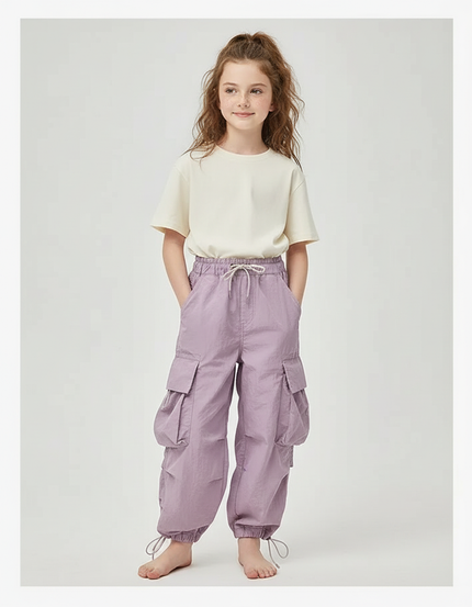Pantalon Cargo Violet Ample Multipoches Léger Fille - Polyester