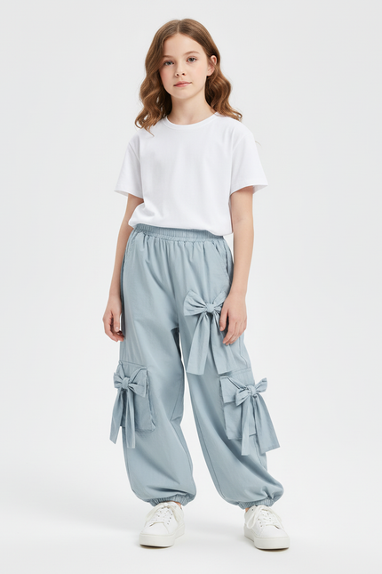 Pantalon Cargo Bleu Ciel Ample Nœuds Fille - Coton