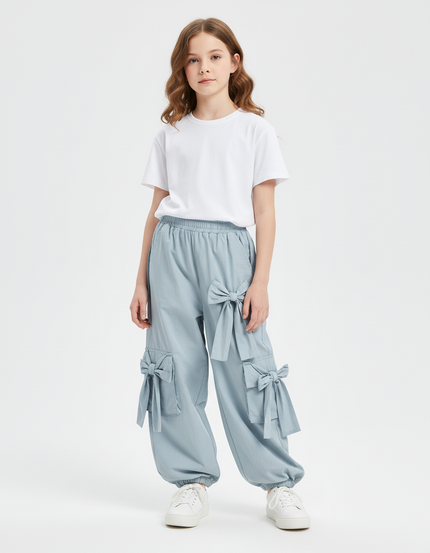 Pantalon Cargo Bleu Ciel Ample Nœuds Fille - Coton