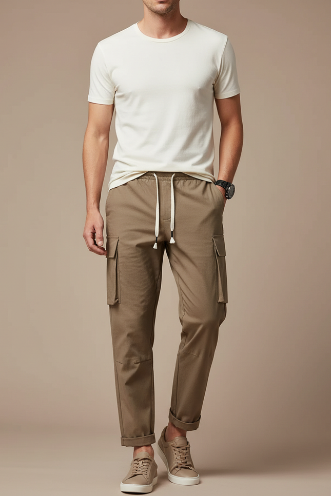 Pantalon Cargo Kaki Droit Décontracté Multipoches Coton
