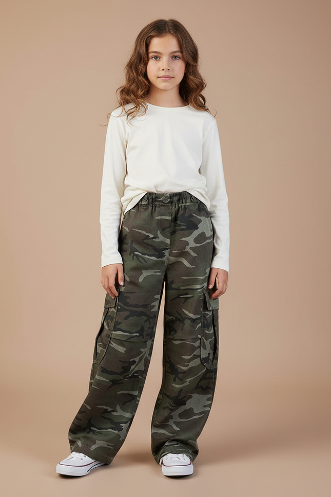 Pantalon Cargo Camouflage Ample Coton Enfant - Kaki
