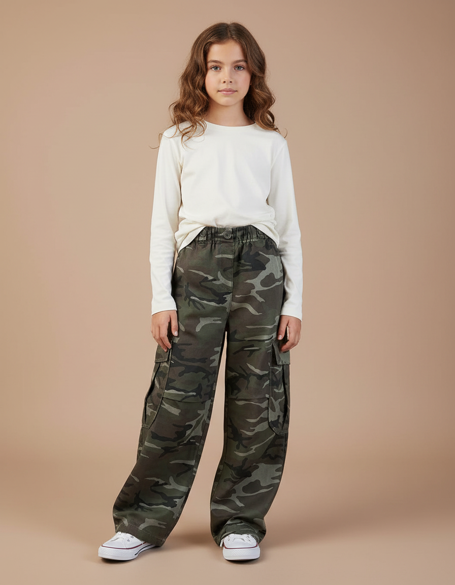 Pantalon Cargo Camouflage Ample Coton Enfant - Kaki