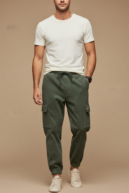 Pantalon Cargo Vert Molletonné Ample Jogger Homme Cordon