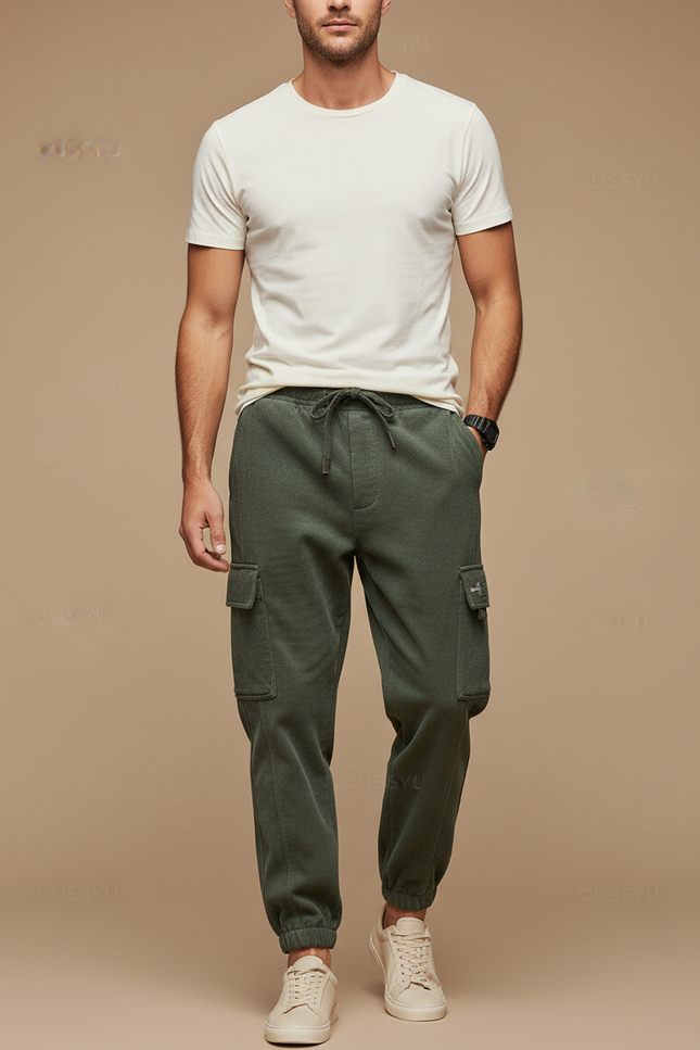 Pantalon Cargo Vert Molletonné Ample Jogger Homme Cordon