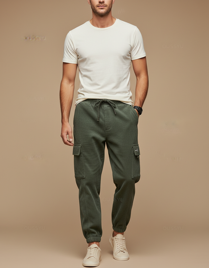 Pantalon Cargo Vert Molletonné Ample Jogger Homme Cordon